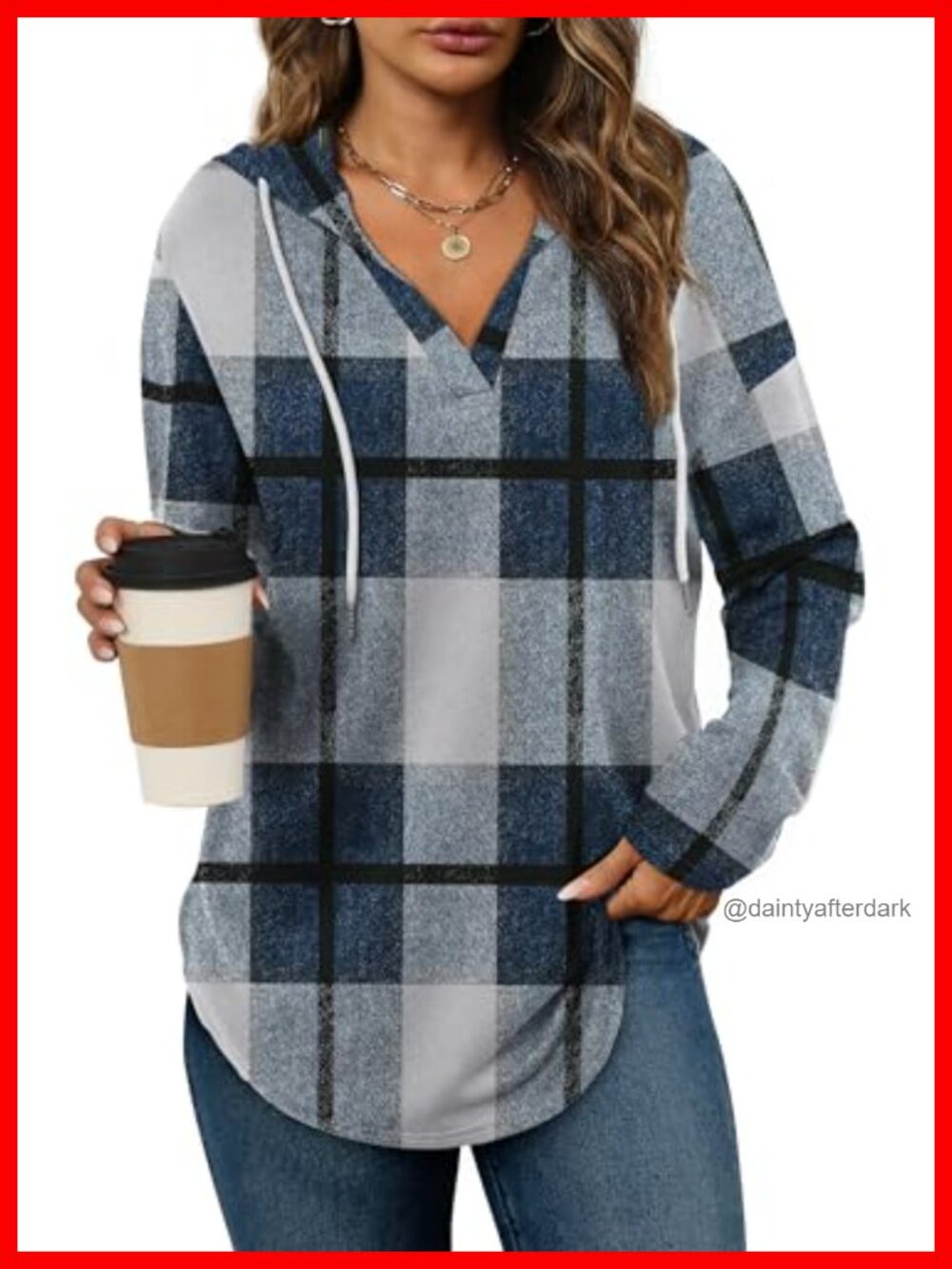 Oversized Plaid Pullover Hoodie Loose Fit Long Sleeve V Neck Shirttail Hem